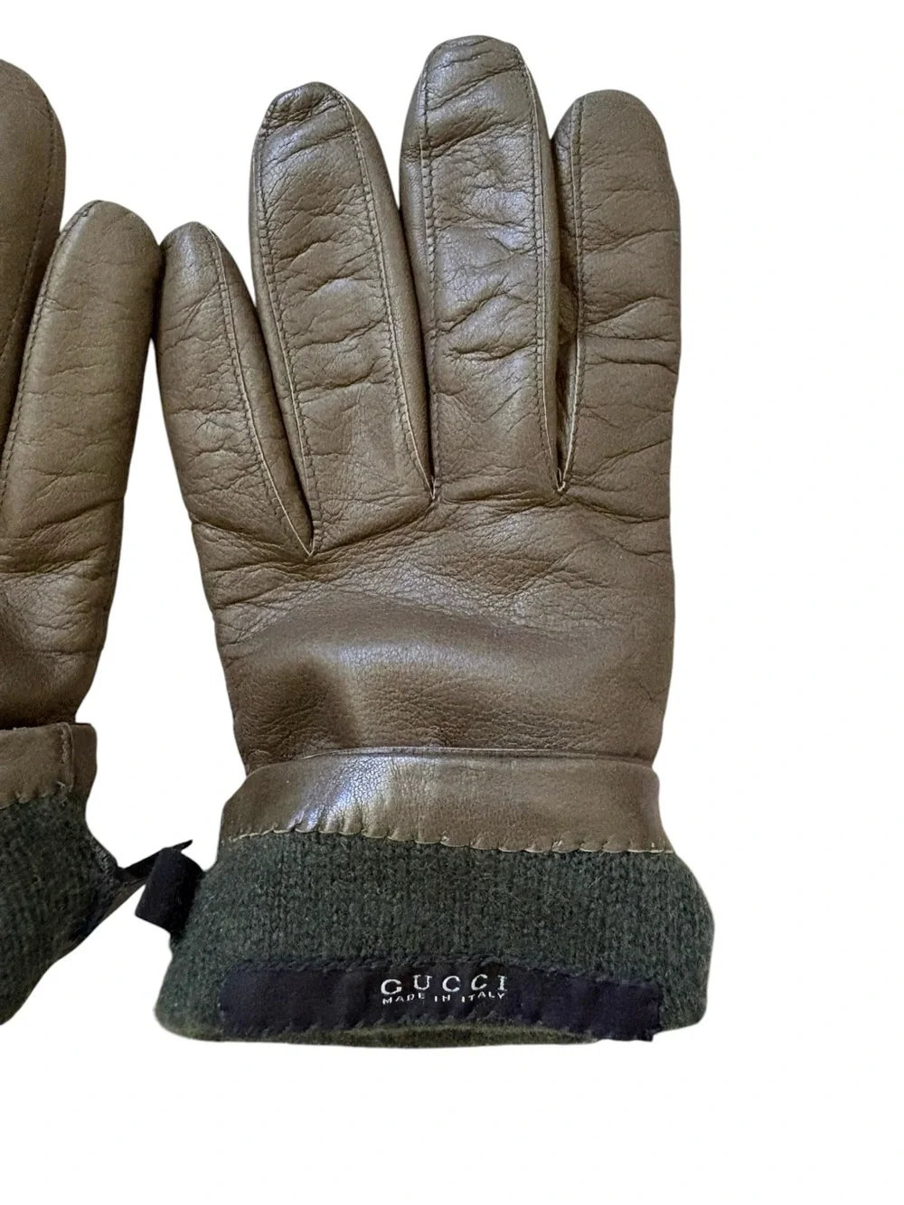 Gucci Olive Green Leather Cashmere Lined Interlocking G Charm Gloves Size 7.5
